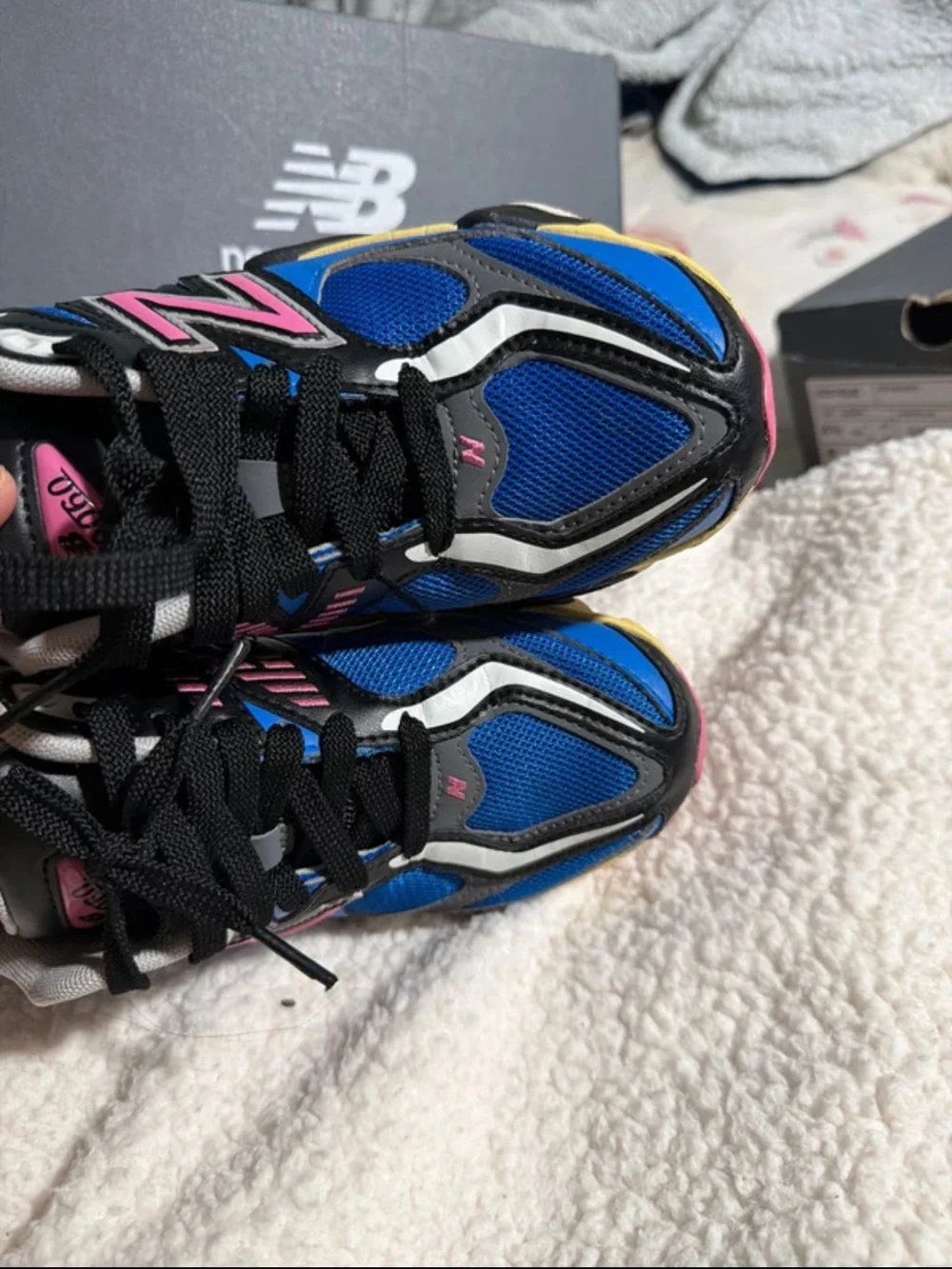 New Balance Kids Royal Blue Sneakers with Pink and Yellow Accents